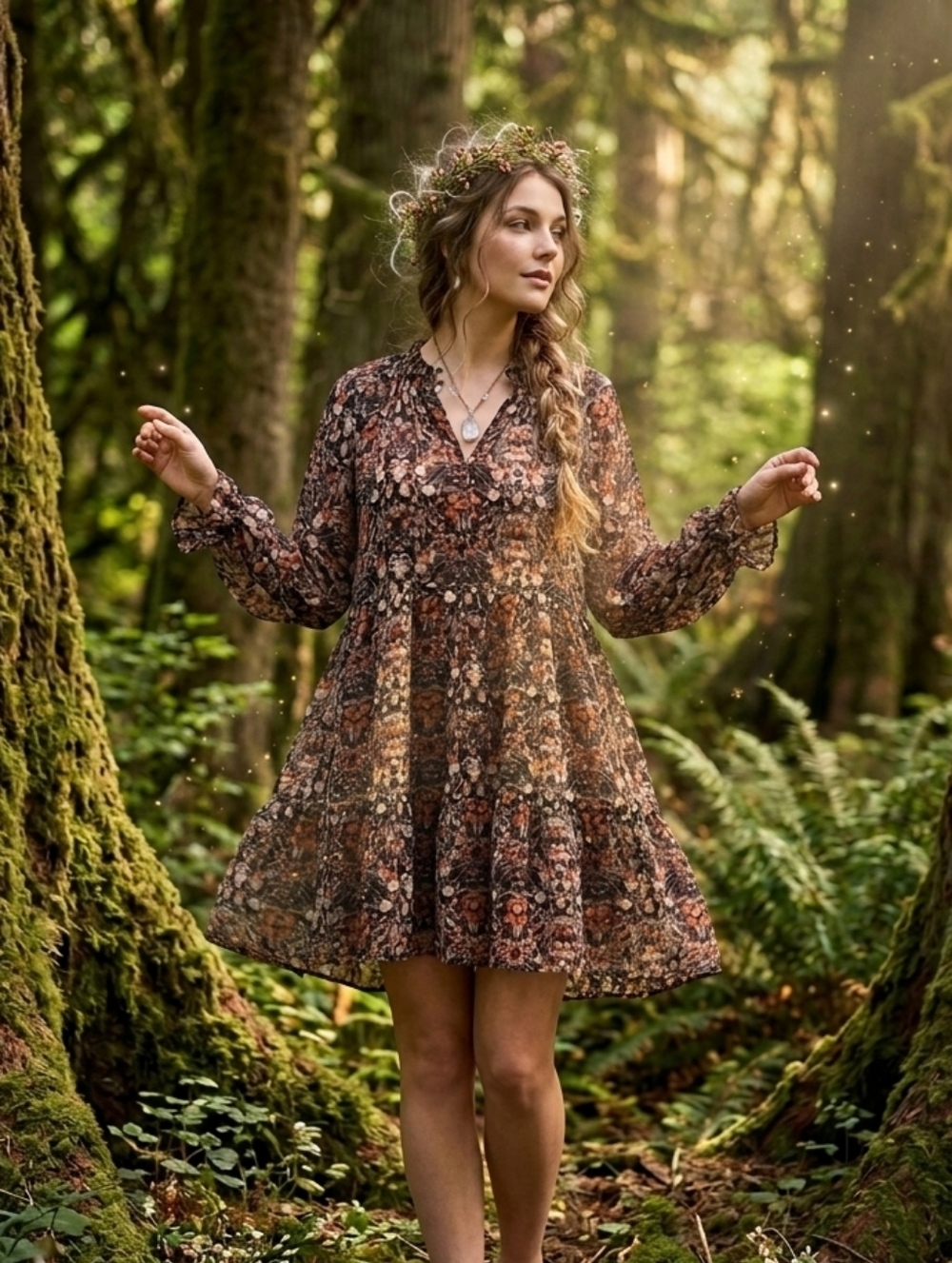 Dress Forum Womens Forest Fairy Peasant Dress Medium Brown Floral Bohemian
